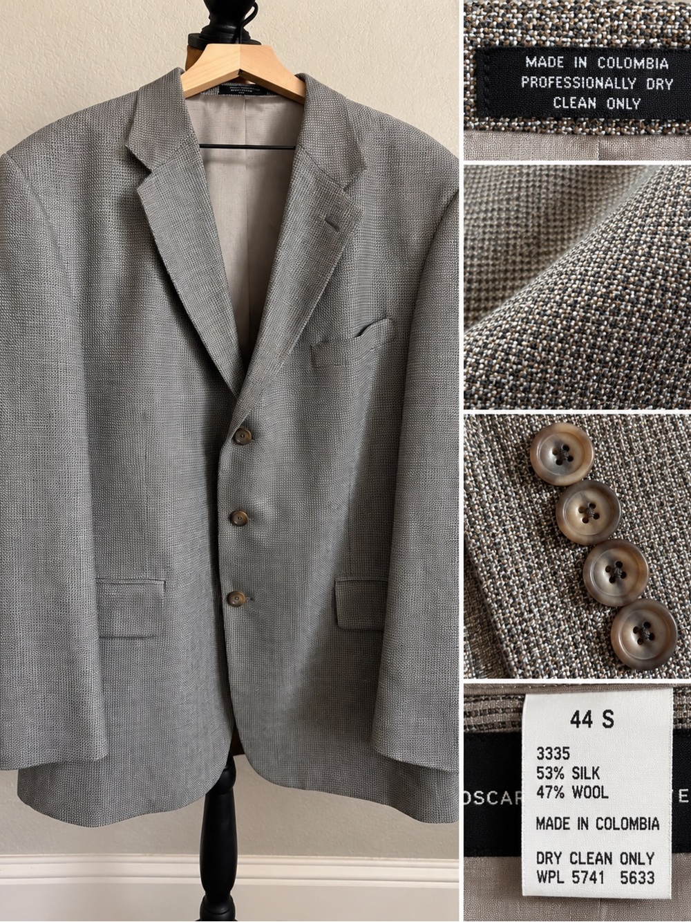 Oscar de la Renta 44S Silk Wool Houndstooth Sport Coat Blazer
